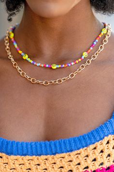 Paparazzi Accessories Necklace: Layered together with a bold gold chain, dainty multicolored seed beads and yellow smiley face beads are threaded along an invisible wire below the collar, resulting in a colorfully retro design. Features an adjustable clasp closure. Sold as one individual necklace. Includes one pair of matching earrings. Smiley Face Beads, Yellow Smiley Face, Multi Necklace, Brown Bracelet, Red Bracelets, Paparazzi Accessories, Copper Necklace, Seed Bead Necklace, Black Earrings