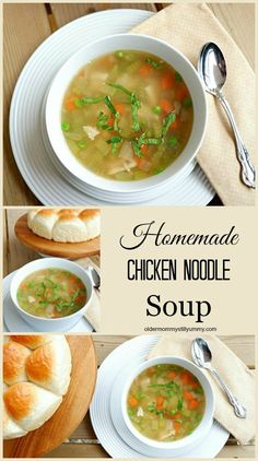 homemade chicken noodle soup in a bowl with bread and spoons on the side