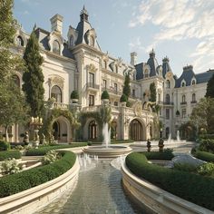 a large mansion with a fountain in front of it and lots of greenery around the perimeter