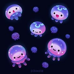 some cute little purple and blue jellys on a black background