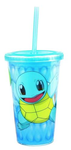 a plastic cup with a blue lid and a yellow turtle on the side, holding a straw