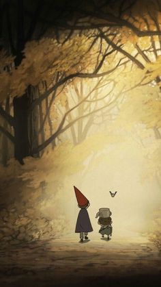 an animated image of two people walking in the woods