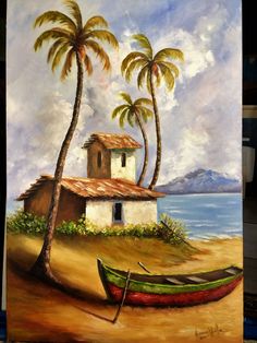 a painting of a house on the beach with two palm trees in front of it