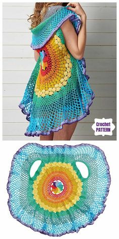 a crochet doily pattern with an image of a woman in a colorful dress