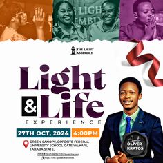 a poster for the light and life experience with an image of a man in a suit