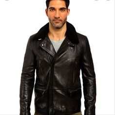 Men's Size Extra Small Coach Long Leather Moto With Shearling Collar Jacket, New With Tags Designer Black Biker Jacket With Padded Collar, Black Shearling Biker Jacket With Padded Collar, Black Shearling Biker Jacket With Long Sleeves, Designer Leather Biker Jacket For Winter, Designer Leather Jacket For Winter Business, Designer Leather Jacket For Business In Winter, Designer Biker Jacket With Zip Fly For Winter, Luxury Winter Outerwear For Biker Events, Business Moto Leather Jacket For Winter