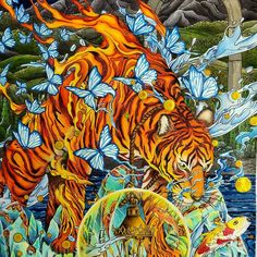 a painting of a tiger surrounded by butterflies and other animals in the water with a clock on it's side