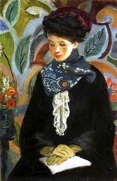 a painting of a woman sitting on a chair with flowers in her lap and holding a book