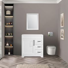 a bathroom with gray walls and white furniture