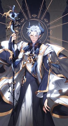 an anime character with white hair and blue eyes holding a staff in front of him