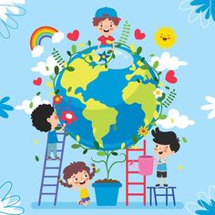 children are playing around the earth with flowers and rainbows on blue background, illustration