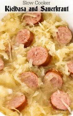 kielbasa and sauerkraut soup in a white bowl with text overlay