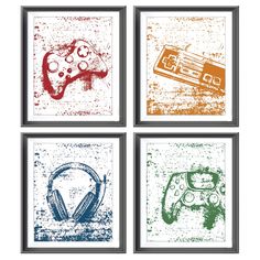 four framed art pieces with different colored designs on the wall, including headphones and a video game controller