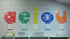 a classroom wall decorated with colorful letters and numbers