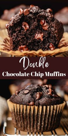 double chocolate chip muffins are stacked on top of each other with the words double chocolate chip muffins above them