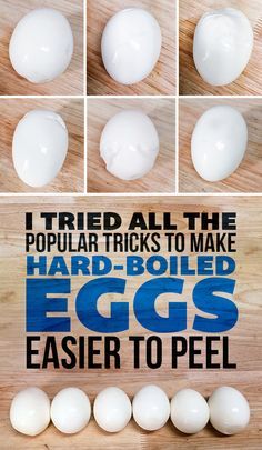 an image of hard boiled eggs on a cutting board with instructions for how to peel them