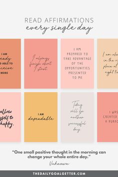 four different types of greeting cards with the words read affirmations every single day