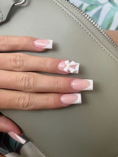 #fenchtips #nails #manicure #cutenails French Nails With Ring Finger Design, French Tips With Bows Nails, White French With Bow, French Nails With Bow, French Tip With Bow, Dec Nails, Ring Finger Design, White French Tips, Nails Sets