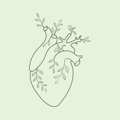 a drawing of the human heart with leaves and branches on it, in black and white