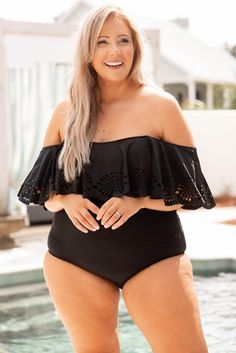 Sunrise And Shine Swimsuit, Black – Chic Soul Swimsuits For Plus Size, Peplum Swimsuit, Plus Size Peplum, Chic Swimsuit, Plus Size Bathing Suits, Chic Soul, Cute Plus Size, Off Shoulder Dresses, Summer Beach Outfit