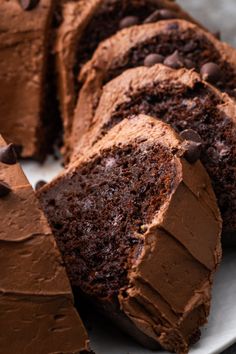 a chocolate cake is cut into slices on a plate