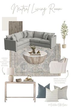 the neutral living room is filled with gray and white furniture, including a large sectional couch