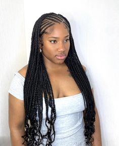 Front Cornrows Back Box Braids, Medium Tribals With Knotless Braids, Cornrow Hairstyles For Black Women Natural Hair, Tribals With Knotless Braids Hairstyle, Medium Cornrows Braids, Medium Braids For Black Women, Fulani Braids Medium, Goddess Fulani Braids, Medium Fulani Braids