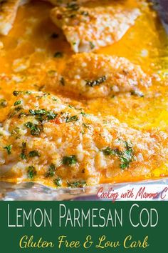 lemon parmesan chicken in a casserole dish with text overlay