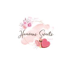 the logo for heaven sweets with two hearts and flowers on it's side