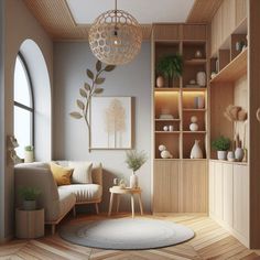 a living room filled with furniture and a large window next to a wooden floor covered in potted plants