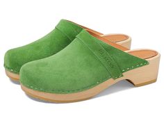 Swedish Hasbeens Swedish Husband - Women's Clog Shoes : Emerald Suede : Slip in to chic style with a 70s twist with the Swedish Hasbeens Swedish Husband mid-heel clog mules! The handcrafted clog mule is constructed from durable, chrome-free natural-grain leather upper that softens and slightly stretches with wear for versatile and timeless wear. Dyed, real fur from cow originated from Italy. Slip-on silhouette for easy on and off. Round, closed-toe front. Leather lining and heel insole. Durable lime-tree wooden platform and block heel. Textured rubberized outsole. Made in Sweden. Measurements: Heel Height: 2 in Weight: 12 oz Platform Height: 1 in Product measurements were taken using size EU 39 (US Women's 9), width B - Medium. Please note that measurements may vary by size. Casual Green Mules With Leather Sole, Green Casual Mules With Wooden Heel, Green Casual Clogs With Leather Sole, Casual Green Mules With Wooden Heel, Casual Green Clogs With Leather Sole, Green Spring Clogs With Removable Insole, Green Clogs With Wooden Heel For Spring, Spring Green Clogs With Wooden Heel, Green Leather Clogs With Leather Sole