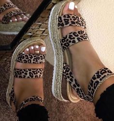 Lasaky - Leopard Print Wedge Sandals with Buckle and Braided Jute Platform Sole Leopard Print Wedges, Leopard Print Sandals, Leopard Sandals, Womens Fashion Casual Summer, Cute Sandals, Sandals For Sale, Fashion Sandals, Summer Style Casual, Ankle Strap Heels