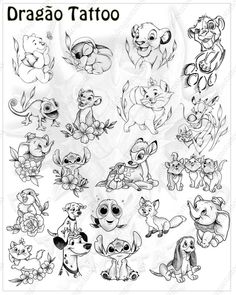 the disney character tattoo is shown in black and white, with many different cartoon characters