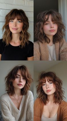 Mid Length Wavy Haircuts With Bangs, Short Hairstyle Women With Bangs Curly, Mid Length Curly Hair With Bangs, Short Hair Bangs Round Face, Short Haircuts With Bangs, Wavy Haircuts, Stylish Haircuts, Penteado Cabelo Curto, Round Faces