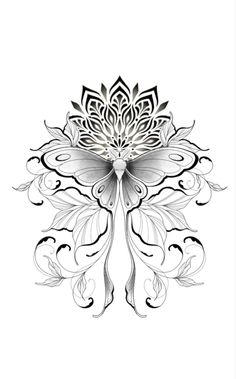 a black and white drawing of a flower with swirly leaves on it's petals