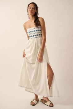 Summer Sun Floral Embroidered Strapless Maxi Dress - ShopPromesa Coastal Maxi Dress, White Strapless Dress Outfit, Strapless Dress Outfit, Greece Fits, White Maxi Sundress, Elsa Party, Crepe Maxi Dress, Hawaii Dress, Maxi Dress Floral