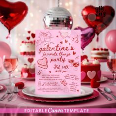 a pink valentine's day party menu on a table with balloons and heart - shaped plates