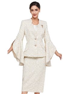 Serafina 4030 3 piece Brocade Skirt Suit Colors: Gold Sizes: 10, 12, 14, 16, 18, 20, 22, 24 Spring Formal Stretch Sets, Elegant Stretch Sets For Wedding, Elegant Stretch Wedding Sets, Elegant Fitted Sets For Spring, Elegant Fitted Fall Sets, Elegant Stretch Suits For Spring, Elegant Fitted Sets For Fall, Elegant Cream Suits For Spring, Elegant Beige Skirt Suit For Spring