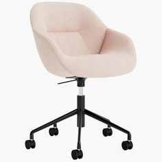 an office chair with wheels and a light pink upholstered seat, viewed from the front