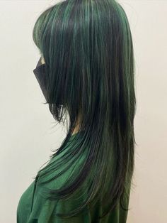 Black With Dark Green Highlights, Black Hair Coloured Streaks, Black With Green Highlights Hair, Green And Black Chunky Highlights, Green Hair With Black Highlights, Colored Hair With Black, Black Hair Dyed Tips, Black And Green Hair Aesthetic, Blue And Green Highlights In Black Hair