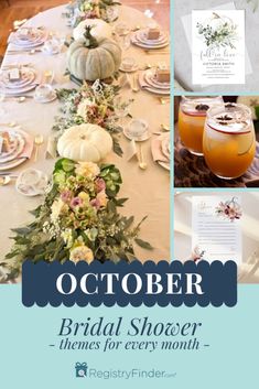 a collage of photos with flowers and pumpkins on the table for an autumn bridal shower