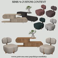 an assortment of modern chairs and tables for the sims 4 custom contentment project, designed by pareon