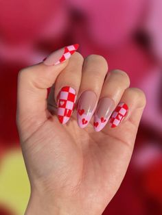 First photo displays a closed hand with short, almond-shaped, cherry red and baby pink nails in front of a blurred, bright pink background. Second photo is an open hand displaying the same nails with the same blurred, pink background. Checkered Nails, Ten Nails, Nail Patterns, Nail Length, Nails Short, Nail Games