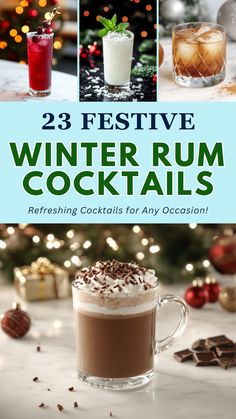 A festive image featuring four winter rum cocktails: a vibrant cranberry cocktail garnished with berries, a creamy white rum drink with coconut and mint, a spiced rum old-fashioned, and a warm hot chocolate topped with whipped cream and chocolate shavings. Perfect for holiday drinks, cozy winter cocktails, and rum-based recipes for parties.