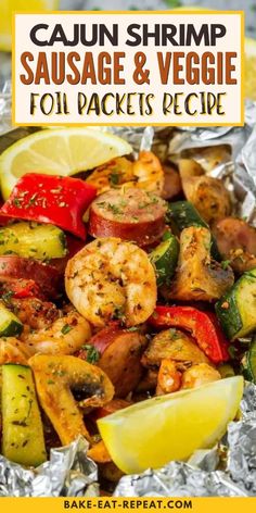 grilled shrimp, zucchini and veggies in foil with lemon wedges