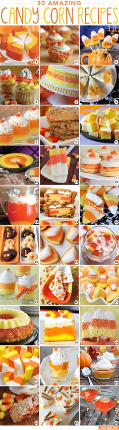 a collage of pictures showing different types of cakes and desserts on plates, with the words candy corn recipes written below