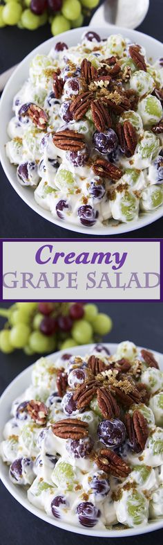 two plates filled with grapes and cream cheese salad on top of each other next to some grapes