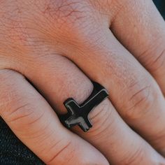 Black Jayden Ring | Lucleon | 365 day return policy Elegant Pouch, Steel Cross, Welcome To The Family, Cross Ring, Jewelry For Men, Ring Size Guide, Favorite Rings, Black Stainless Steel, Ring Box