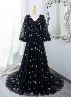 Black V-neckline Long Sleeves Tulle Evening Dress, Black A-line Prom Dress Long Sleeve Tulle Evening Dress, Black Long Sleeve Prom Dress, Fairy Wings Costume, Short Sleeve Prom Dresses, Simple Evening Dress, Evening Dress Black, Formal Prom Dresses Long, Beaded Party Dress, A Line Prom Dress