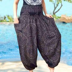 SPECIAL STYLE OUR DESIGN ...ONLY HERE FROM OUR STORE + Featuring an enchanting lovely pattern + these bohemian harem trousers are perfect for yoga, meditation, or casual summer `wear and more + Plus Size comfortable elastic panel around wasit with 2 side pockets + deal for festivals, beach outings, or lounging at home. Add a touch of Thai artistry to your wardrobe today! rayon 100% MEASUREMENT:(please use as an estimate) Waist: lay flat side-side: 15-28"  (round 30"-58") HIP :  lay flat side-side: 32"  (round 60") Length from top to hem: 41"  ---------------------------- Wholesale available - made to order ---------------------------- we do measurement in inch. we are always happy to help with any concerns or questions for your size so don't hesitate to contact us :) FREE shipment  :We do Beach Season Relaxed Fit Harem Pants With Pockets, Beach Season Cotton Harem Pants With Pockets, Baggy Summer Bottoms For Beach, Ankle-length Harem Pants For Summer Beach, Ankle-length Summer Harem Pants For Beach, Summer Beach Harem Pants Ankle-length, Summer Beach Ankle-length Harem Pants, Summer Harem Pants With Pockets For Vacation, Baggy Harem Pants With Pockets For Vacation